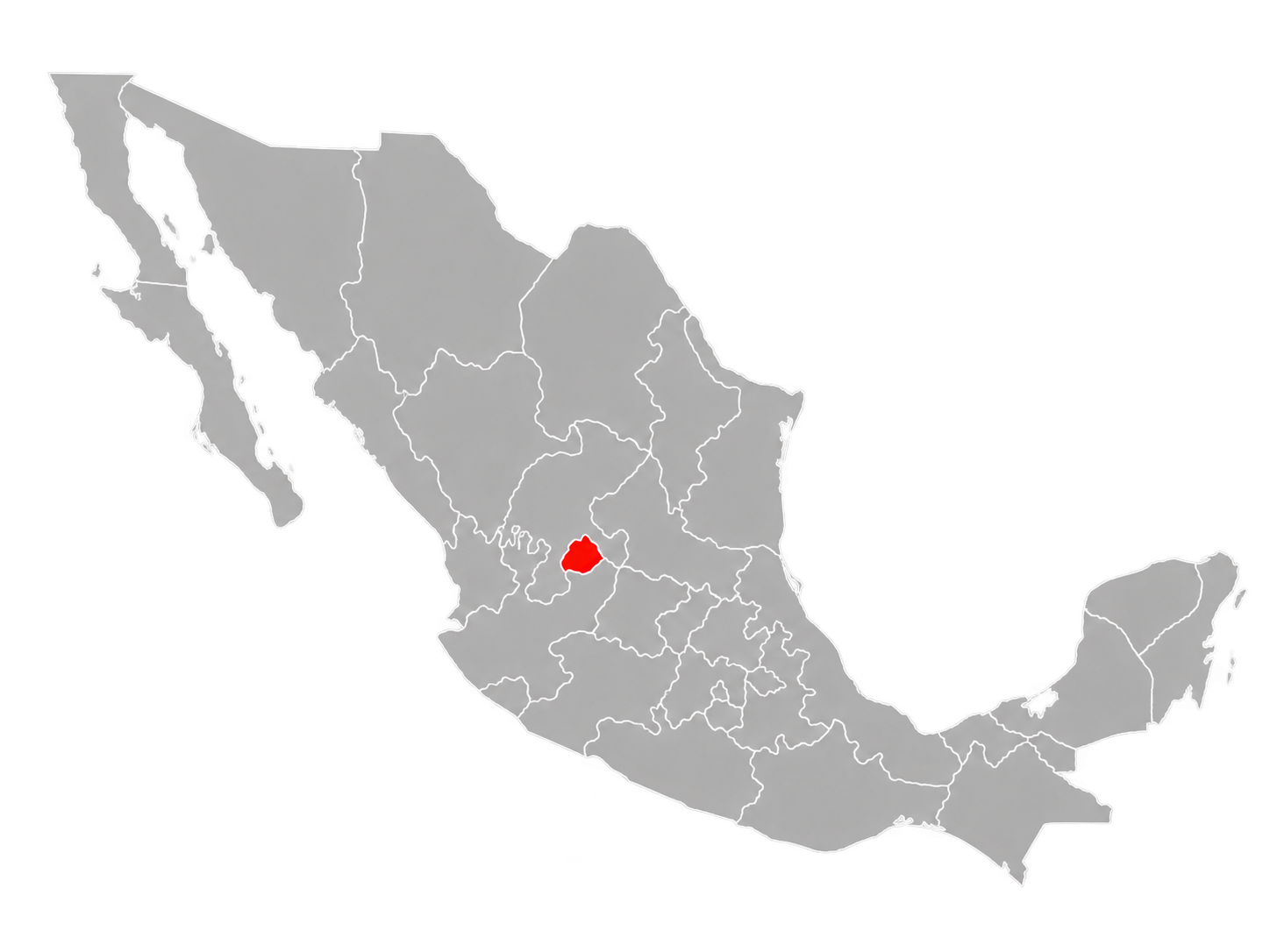 Mapa de México con división por estados. Aguascalientes está resaltado en rojo.